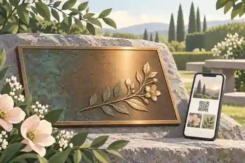 Phone beside a QR-linked bronze memorial plaque
