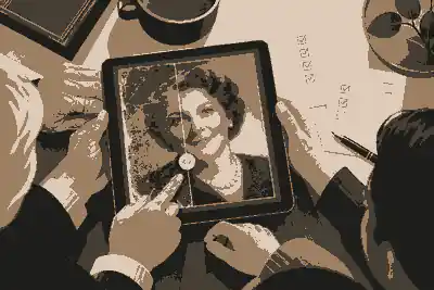 Family reviewing an AI-restored funeral portrait with consent notes
