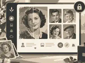 Private memorial photo archive with restored portraits and sharing controls