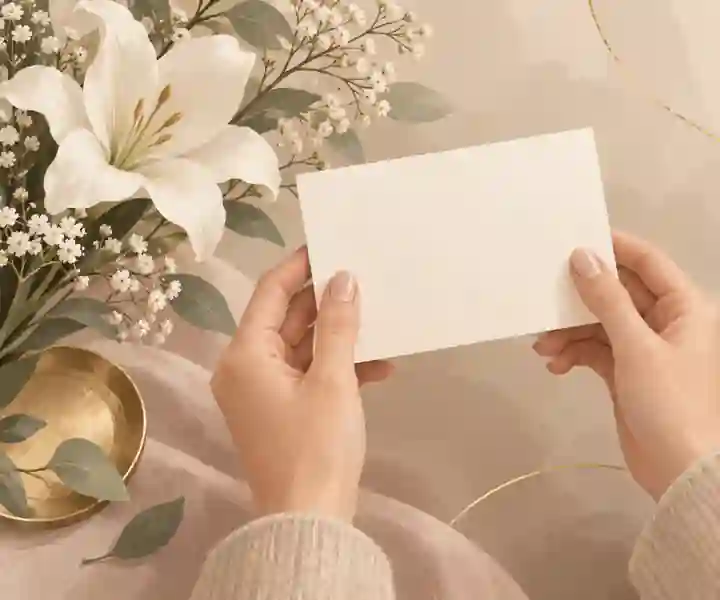 say to a grieving friend: Hands holding a sympathy card beside soft memorial flowers