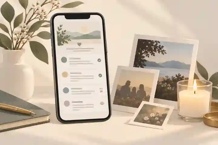 Phone showing a memorial guestbook beside family photographs