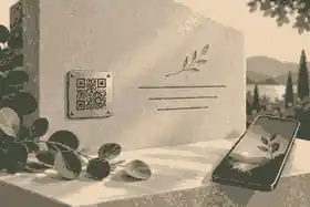 Discreet QR plaque beside a headstone quote