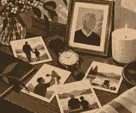 Family memory cards on a quiet memorial table