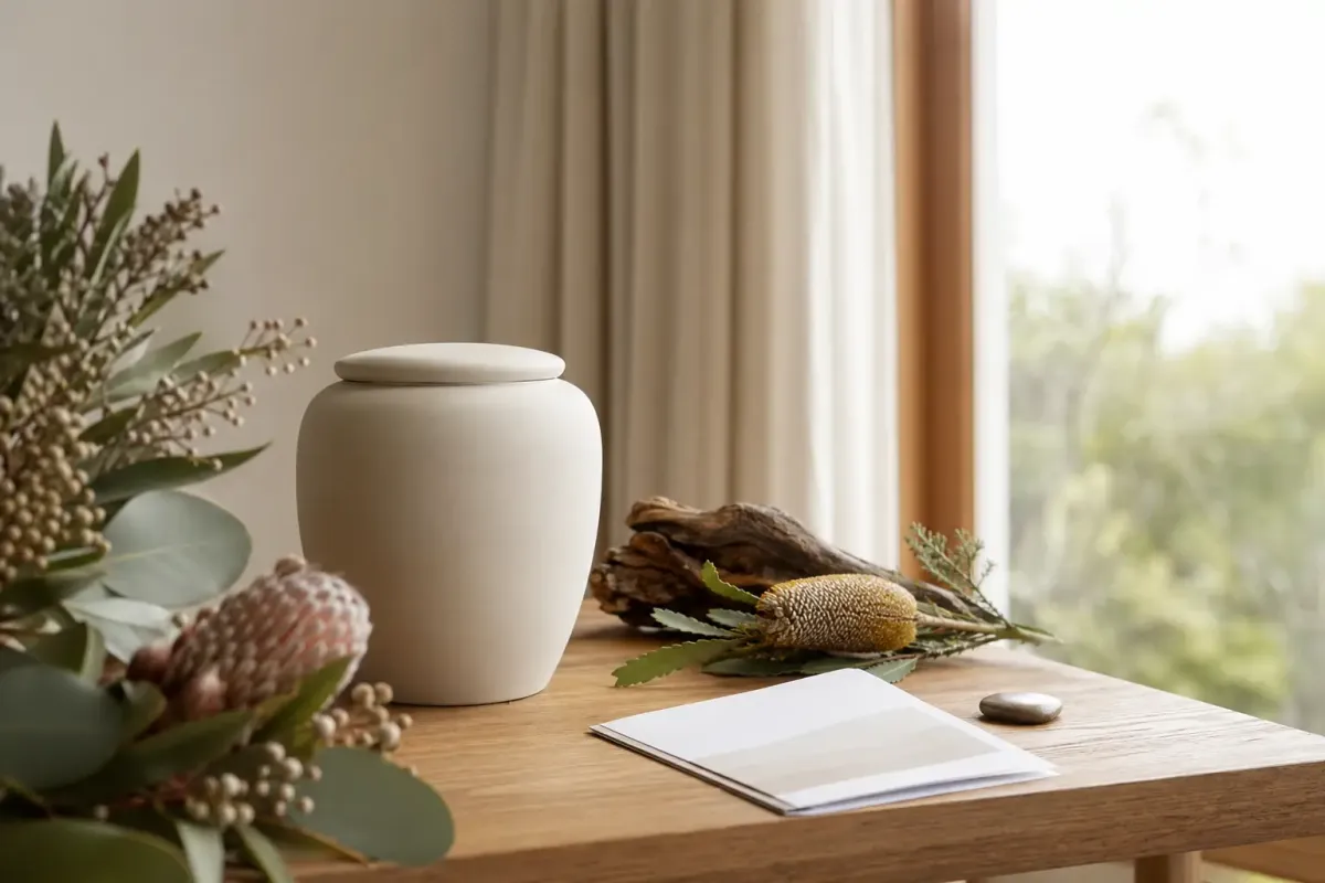 Understanding cremation memorial urn and greenery for Evaheld Memorials — featured visual for Understanding Cremation: Process, Options and Questions by Evaheld Memorials