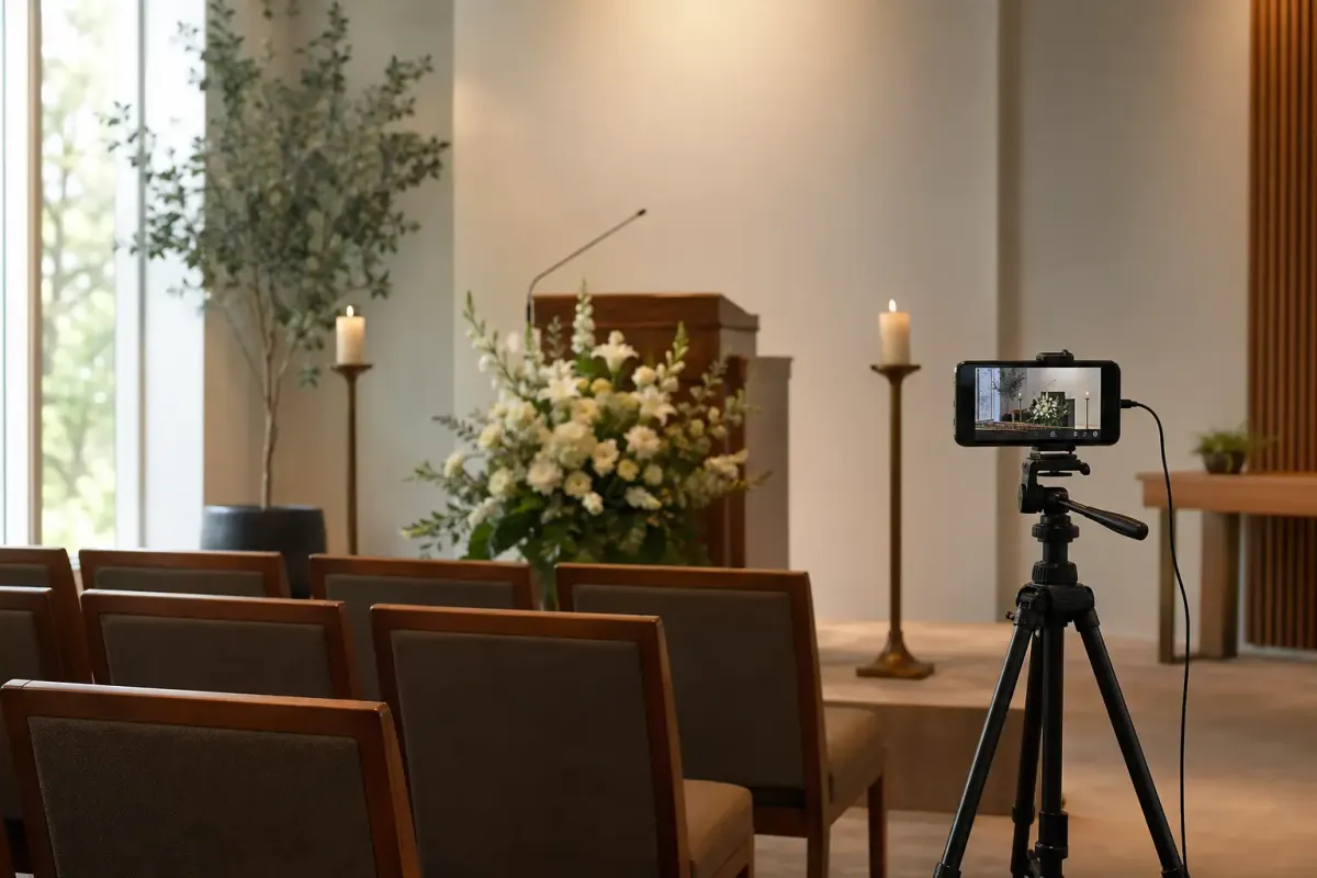 How to live stream a funeral camera setup for Evaheld Memorials — featured visual for How to Live Stream a Funeral: A Technical Checklist by Evaheld Memorials