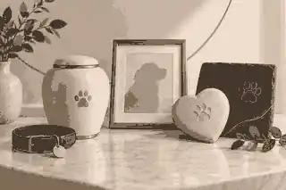 choose between pet urns, stones and plaques: Pet urn with collar and framed photo on a quiet table
