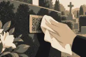 clean a qr memorial plaque: Soft cloth cleaning a small QR memorial plaque on granite