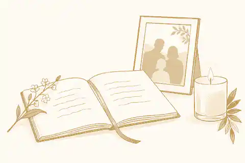 funeral poems for an online tribute: Notebook with a funeral poem beside a candle and family photograph