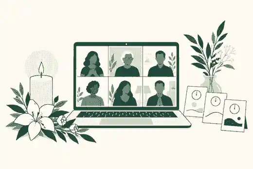 schedule a virtual celebration of life: Laptop showing a private virtual memorial beside a candle