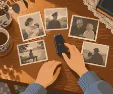 way to record grandparent interviews: Grandchild arranging old photos beside a small audio recorder