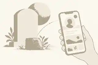 connect a grave to a website: Phone scanning a discreet QR plaque beside a headstone
