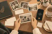 create a digital family scrapbook: Family photos sorted with caption cards and a recording phone