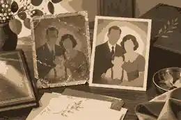 restore old photos for funerals: Restored family photograph beside original scan and caption notes