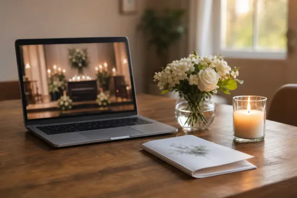 Virtual funeral etiquette laptop memorial service setting for Evaheld Memorials — featured visual for Virtual Funeral Etiquette and Compassionate Hosting Guide by Evaheld Memorials