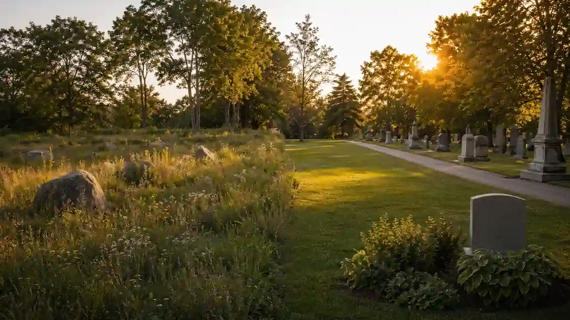 Realistic cemetery landscape comparing green vs traditional burial for Evaheld Memorials — featured visual for Green vs Traditional Burial: Cost, Carbon and Rituals by Evaheld Memorials