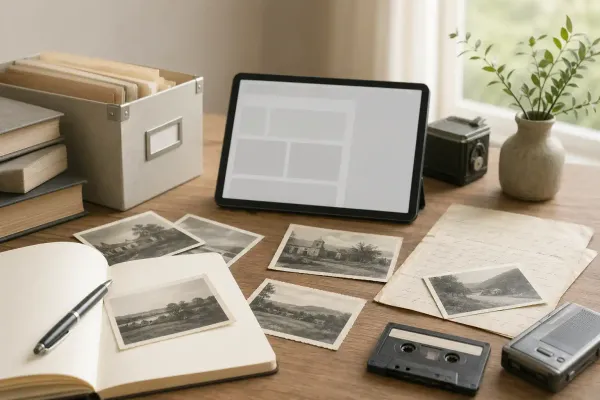 Preserving family history archive table with Evaheld Memorials — featured visual for Preserving Family History: Ways to Save Stories by Evaheld Memorials