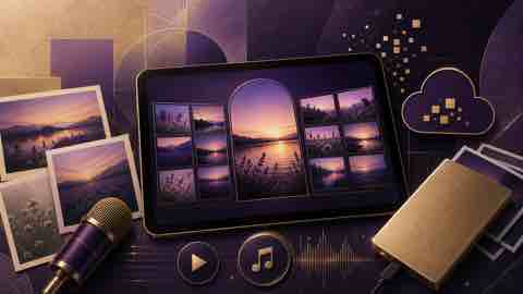 Stylised Evaheld digital tribute gallery bringing photos, audio and video into one organised memorial