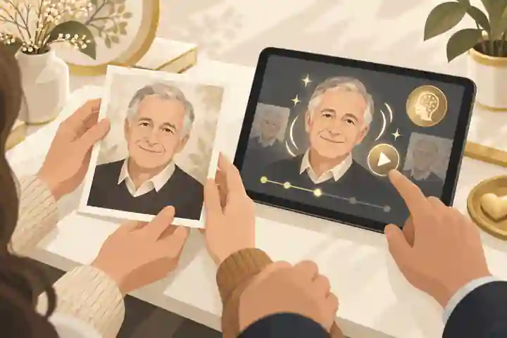 animate a photo of a deceased person: Family reviewing an AI-assisted memorial portrait privately