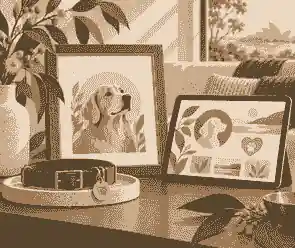 australian made pet memorials: Pet collar beside a framed photo and digital memorial screen