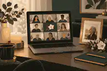 book a zoom memorial service: Private Zoom memorial setup with candle and framed photograph
