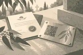 buy a qr code for a grave in australia: Australian cemetery approval note beside a QR plaque proof