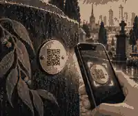 buy a weatherproof qr medallion in melbourne: Rain on a small QR medallion beside a Melbourne headstone