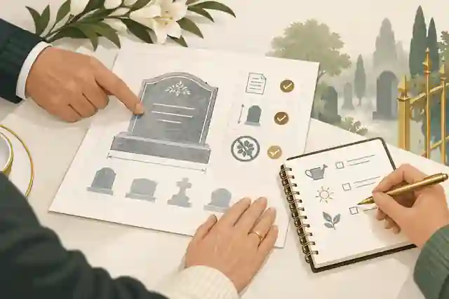 cemetery regulations for headstones: Family reviewing headstone wording and care notes