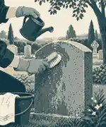 clean a headstone safely: Soft brush and water cleaning a simple granite headstone