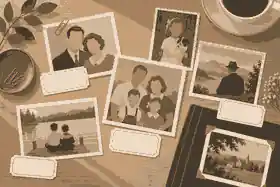 collect historical pictures from family: Historical family photographs with caption cards on a table