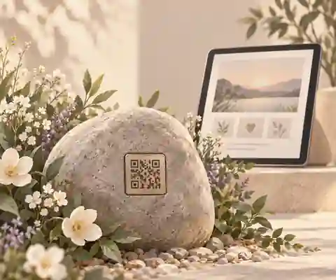 combine a pet memorial stone with an online tribute: Pet garden stone with discreet QR plaque and flowers