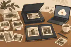 compile historical photo albums online: Family photographs sorted beside an archival pencil and scanner