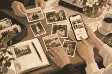 crowdsource old images for memory timelines: Family sorting old photographs with caption notes
