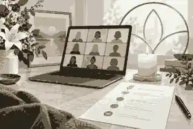 host a funeral on zoom: Laptop, candle and funeral run sheet prepared for a Zoom memorial