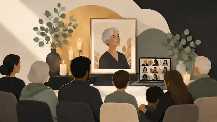 how does a virtual memorial work: Hybrid memorial with remote guests beside a candlelit tribute