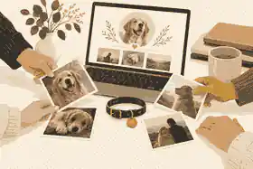 invite family to contribute to a pet memorial: Family adding pet photos to a shared memorial
