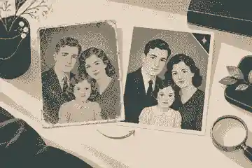 label ai-enhanced memorial photos: Original portrait beside a labelled AI-restored memorial photo