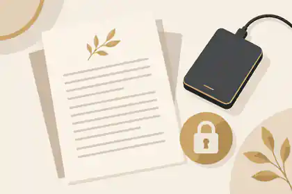 obituary data backup policies: Obituary draft beside a secure backup drive