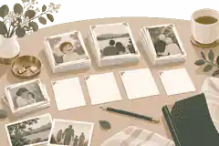organise family photos for a tribute: Sorted family photographs with chapter labels