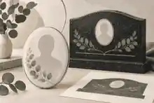 photo plaques for graves: Photo plaque proof beside a granite headstone layout