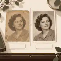 preserve original photos alongside restored versions: Original and restored family photos compared on an archival table
