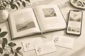 print an online memorial as a book: Printed memorial book beside a digital guestbook