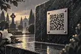 qr headstones weatherproof: Rain on a matte QR memorial plaque beside granite
