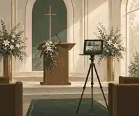 record a zoom funeral: Laptop recording a funeral service from a quiet chapel