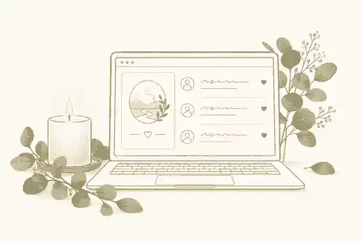 rules for online memorial etiquette: Laptop memorial guestbook beside a candle and eucalyptus