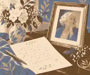 short poems for a grandmother's funeral: Handwritten funeral poem beside a grandmother's photograph and flowers