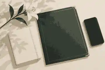 the first five steps after someone dies: Notebook and documents arranged beside a white flower