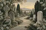 the history of cemeteries: Historic cemetery path with old and modern memorials