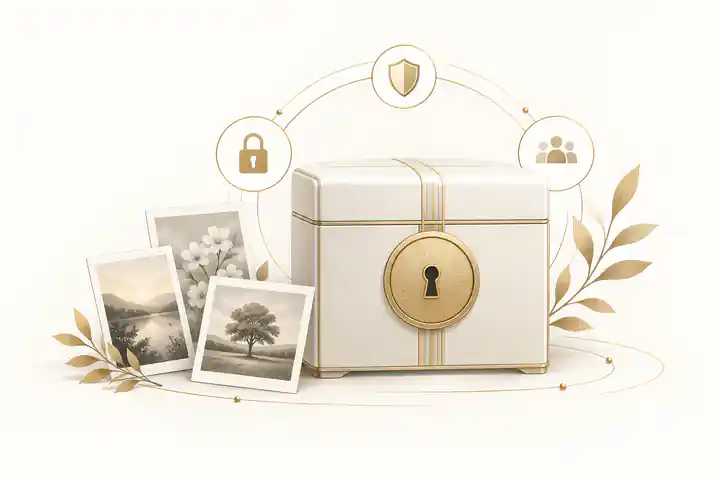 use a private family vault for memorial planning: Private family vault with protected memorial photographs