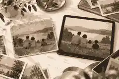 use ai without making a memorial feel fake: Original family photograph beside a carefully restored digital copy