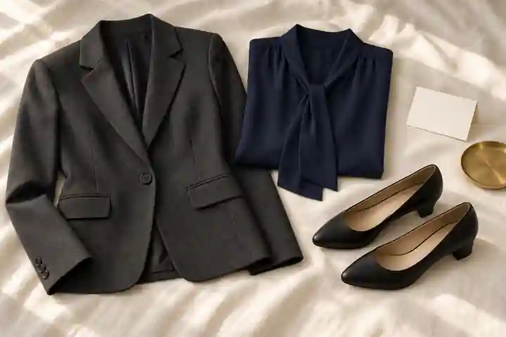 Muted clothing to wear to a funeral beside a condolence card